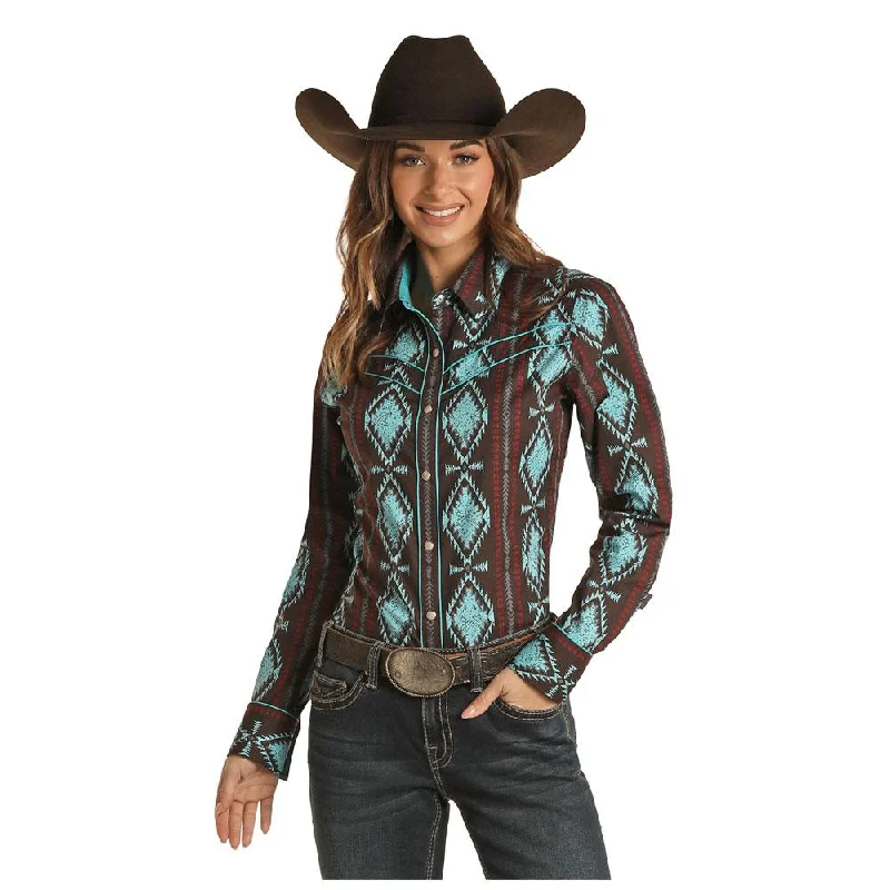 Rock & Roll Cowgirl Juniors Aztec Print Long Sleeve Snap Western Shirt Cozy Printed Short Shirt