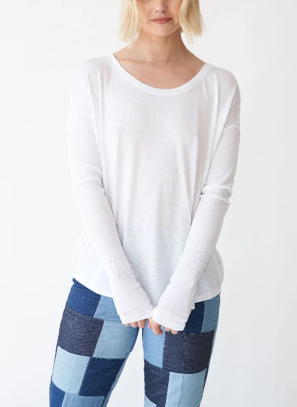 Sela Ribbed Sleeve Relaxed-Fit Long Sleeve Shirt Stylish Short Sleeve Top