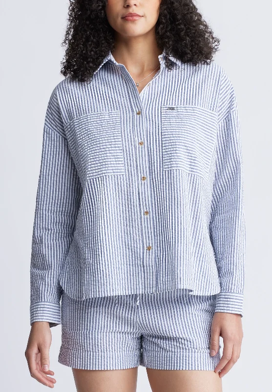 Selea Women's Long Sleeve Seersucker Shirt, Blue - WT0110S Stylish Printed Short Shirt