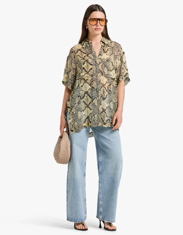 Hadiya Side Split Short Sleeve Shirt - Almond/Multi Casual Loose Short Sleeve