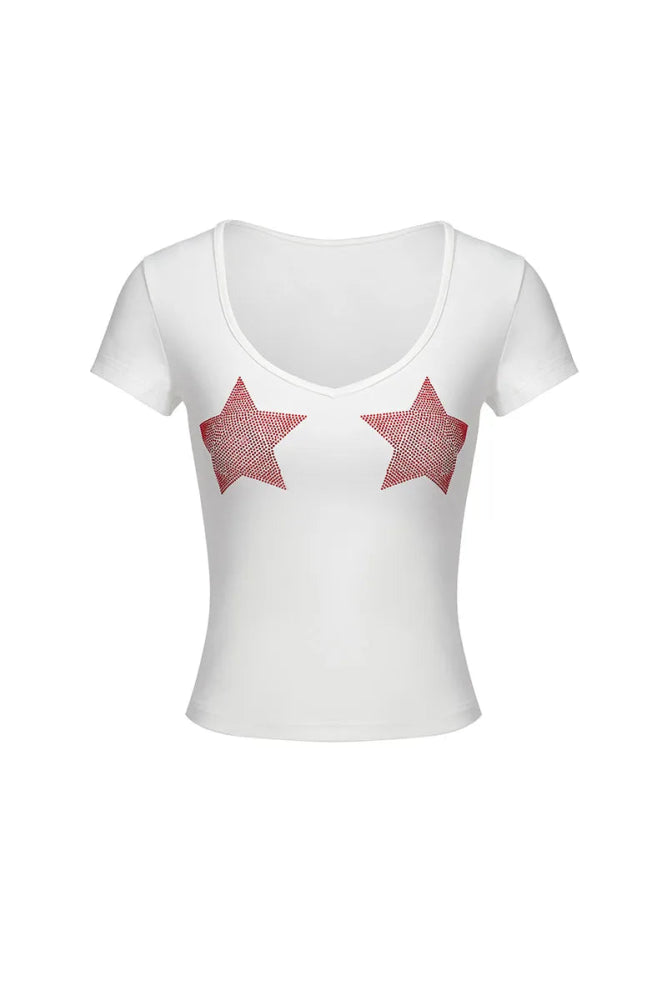 Slim Fit Star Graphic Tee - Y2K Inspired V-Neck Top for Women Plaid T-Shirt Polka Dot Checkered Slim Fit Star Graphic Tee - Y2K Inspired V-Neck Top for Women Plaid T-Shirt Polka Dot Checkered
