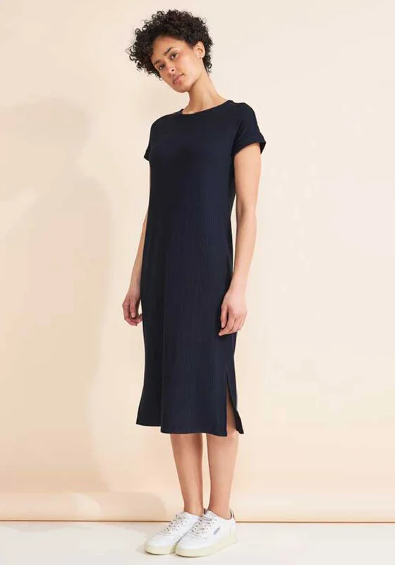 Street One Jersey Midi T-Shirt Dress, Deep Blue Collared T-Shirt Boat Neck A-Line