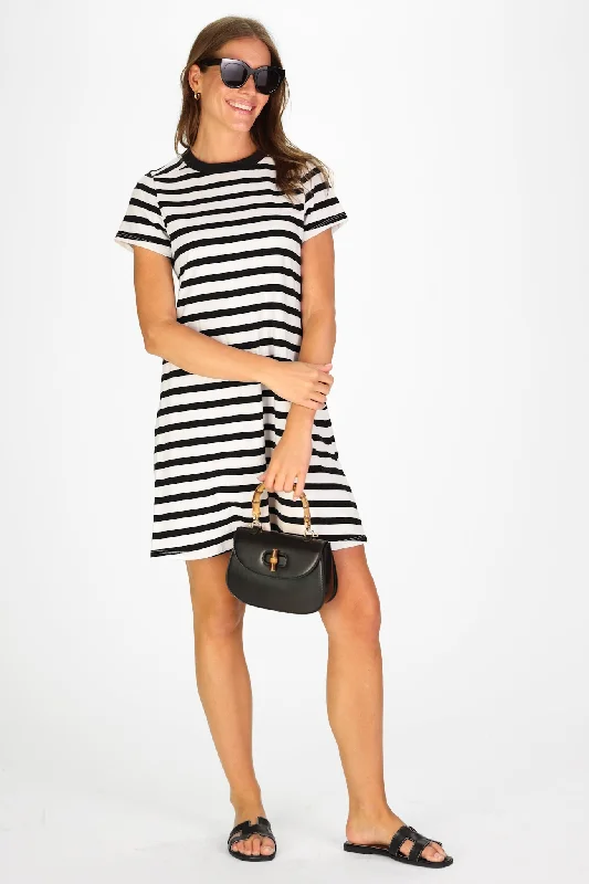 Tallie T-Shirt Dress in Black and White Stripe Mesh Blend Leather Blend Suede Blend