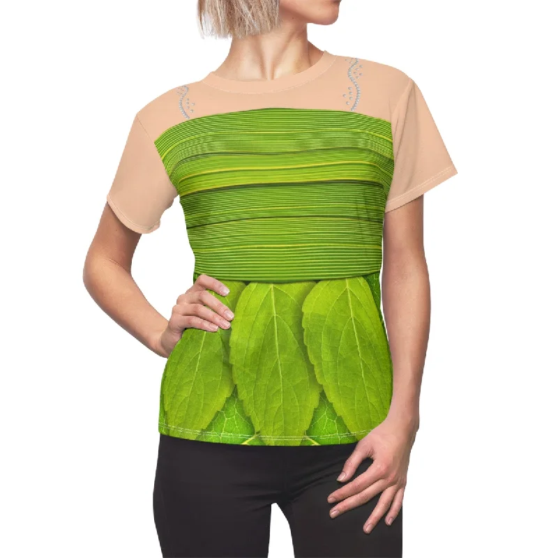 Tinkerbell Green Leaves Womens Shirt, Peter Pan Costume Elegant Draped Short Sleeve