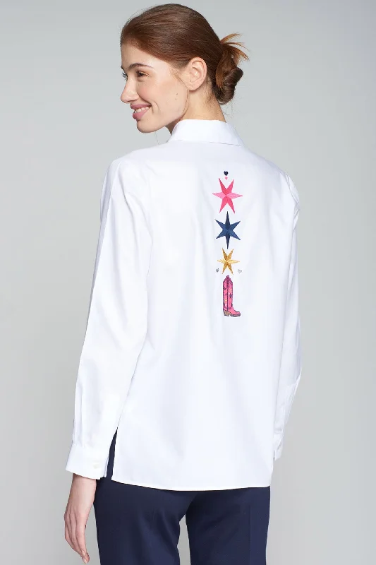 Vilagallo 31568 Embroidered Cotton White Shirt Relaxed Fit Short Sleeve Top