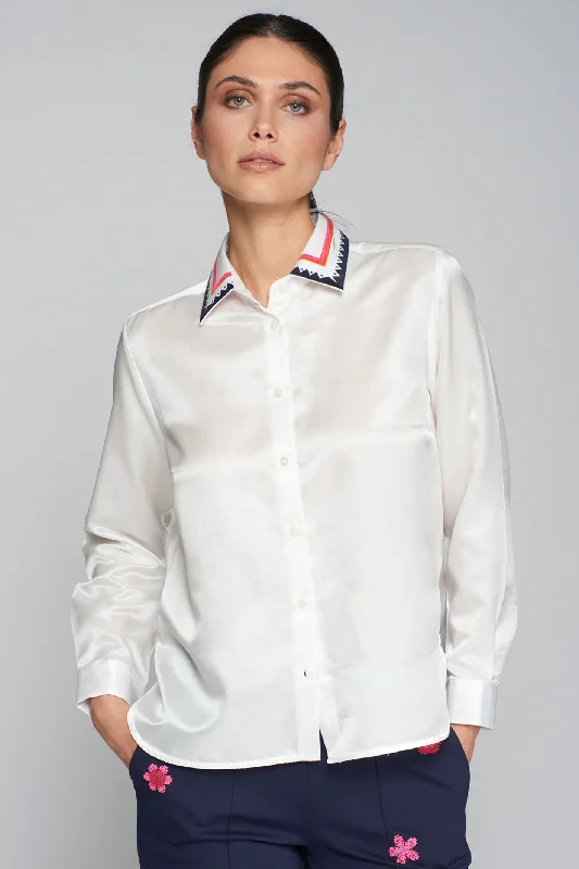 Vilagallo 31947 Embroidered White Silk Cotton Shirt Modern Short Sleeve Top