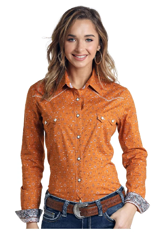 Women's Long Sleeve Orange Paisley Snap Shirt Trendy Turtleneck Short Shirt