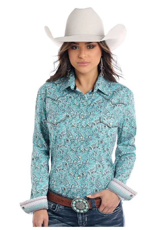 Women's Panhandle Turquoise Paisley Snap Shirt Stylish Striped Short Sleeve