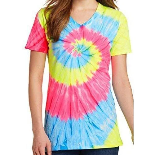 Womens Tie Dye V-neck Tee Shirt Fashionable Cuffed Short Sleeve