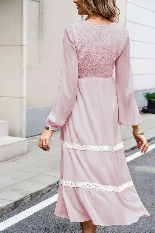 WOMEN LACE TRIM LONG SLEEVE ELEGANT MAXI DRESS Comfortable Casual Maxi Dress