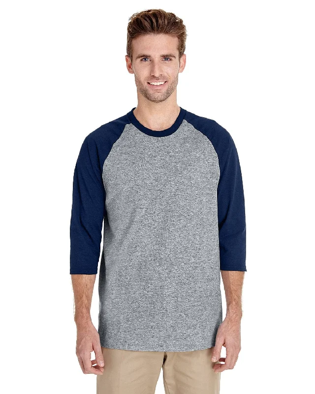 Gildan Heavy Cotton 3/4-Raglan Sleeve T-Shirt | Sport Grey/ Navy Lace Blend Ribbed Blend Corduroy Blend