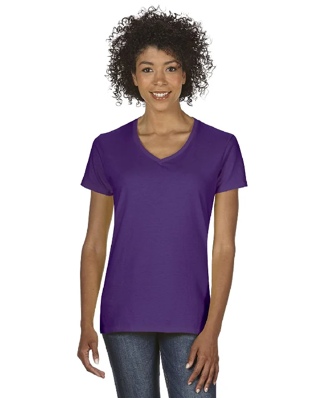 Gildan Ladies Heavy Cotton 5.3 oz. V-Neck T-Shirt | Purple Asymmetrical Pockets Print