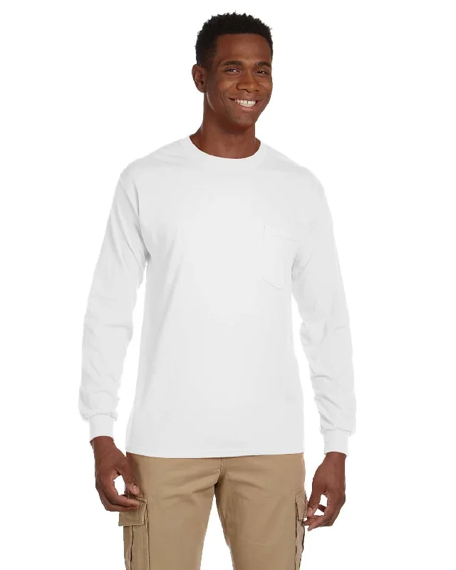 Gildan Ultra Cotton Long Sleeve Pocket T-Shirt | White Collared Crew Neck Turtle Neck