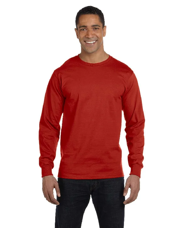 Hanes Long Sleeve Beefy-T T-Shirt | Deep Red Denim Fabric Leather Fabric Suede Fabric