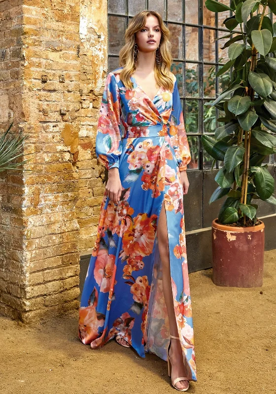 Herysa Long Sleeve Floral Maxi Dress, Blue & Orange Trendy Fit-and-Flare Maxi Dress