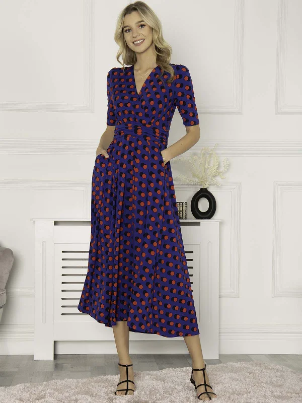 Jolie Moi Akayla Printed Jersey Maxi Dress, Blue Polka Elegant Maxi Dress with Pockets Jolie Moi Akayla Printed Jersey Maxi Dress, Blue Polka Elegant Maxi Dress with Pockets