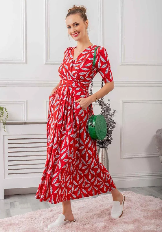 Jolie Moi Coleen Printed Maxi Dress, Red Leafy Trendy Satin Maxi Dress