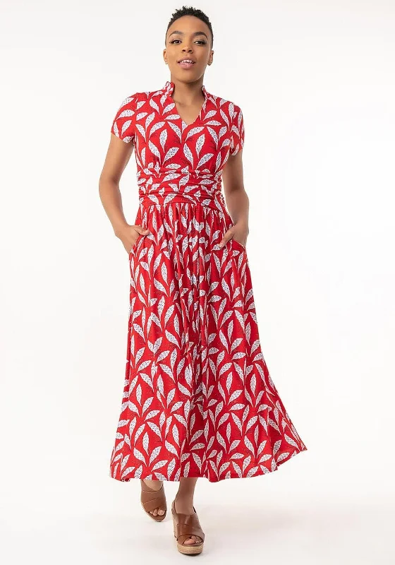 Jolie Moi Marbouka Leaf Print Maxi Dress, Red Multi Trendy Floral Print Maxi Dress