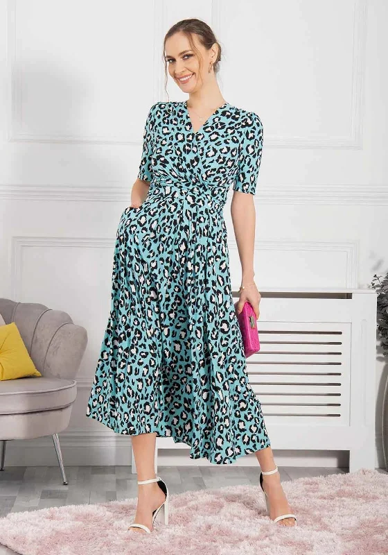Jolie Moi Josie Animal Print Maxi Dress, Aqua Blue Trendy Ruffled Maxi Dress