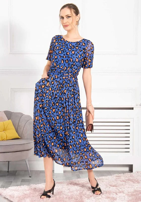 Jolie Moi Julita Leopard Print Mesh Maxi Dress, Blue Trendy Short Sleeve Maxi Dress