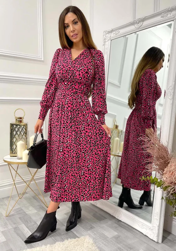Jolie Moi Vivian Printed Maxi Dress, Pink Animal Trendy Maxi Dress with Bow