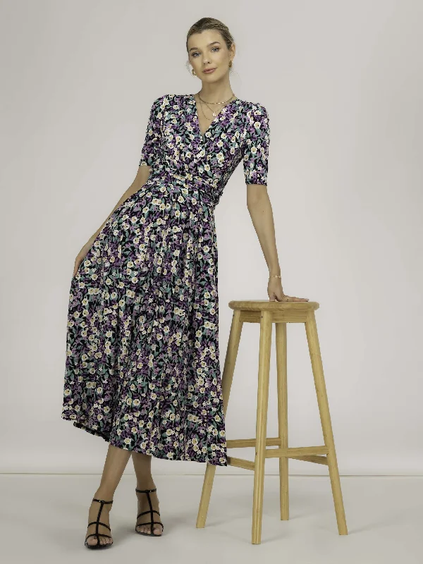 Molly Jersey Maxi Dress, Purple Floral Fashionable Chiffon Tiered Maxi Dress