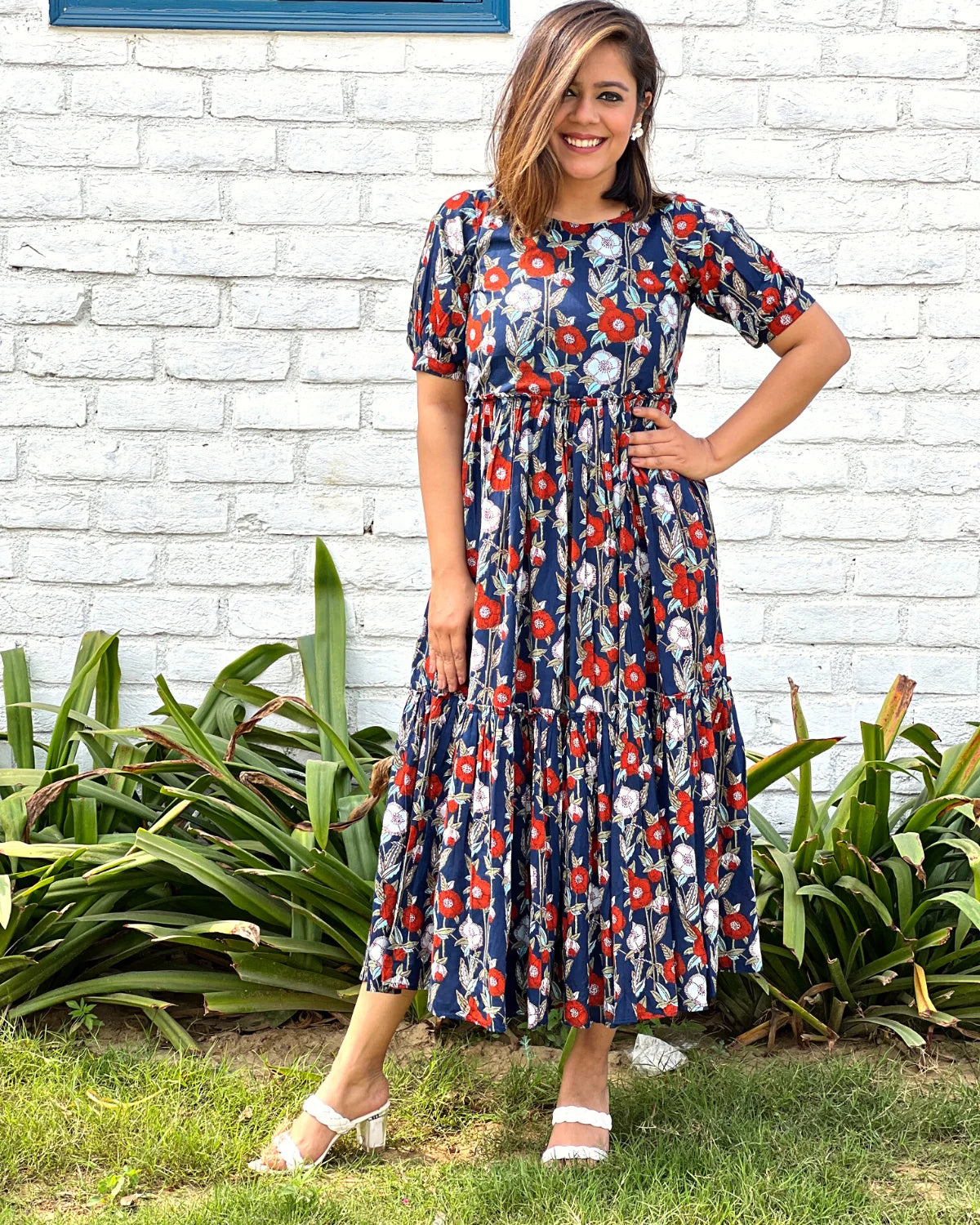 Navy Printed Tiered Cotton Maxi Dress Comfortable Cotton Maxi Dress