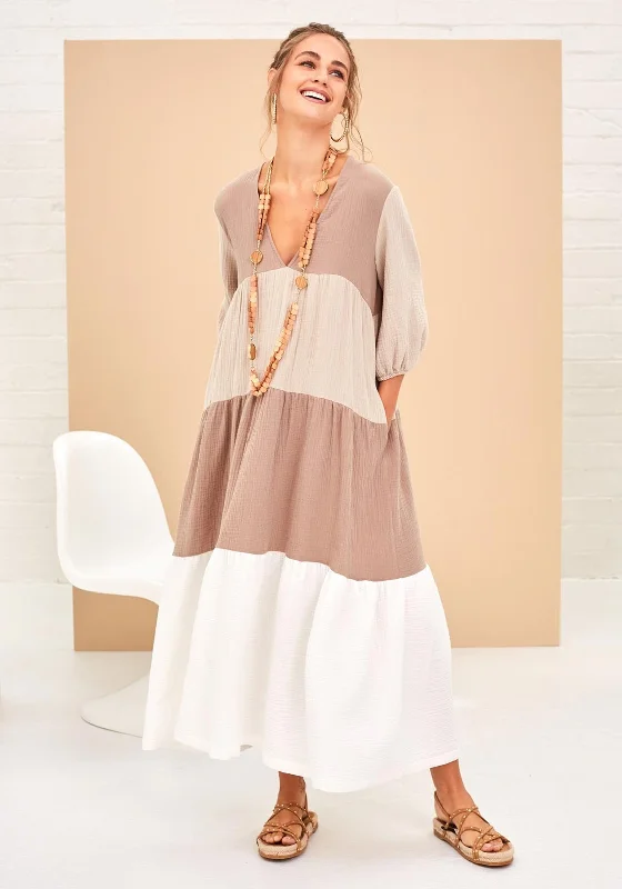 Naya Ombre Panel Smock Maxi Dress, Beige Cozy Ruffle Sleeve Maxi Dress