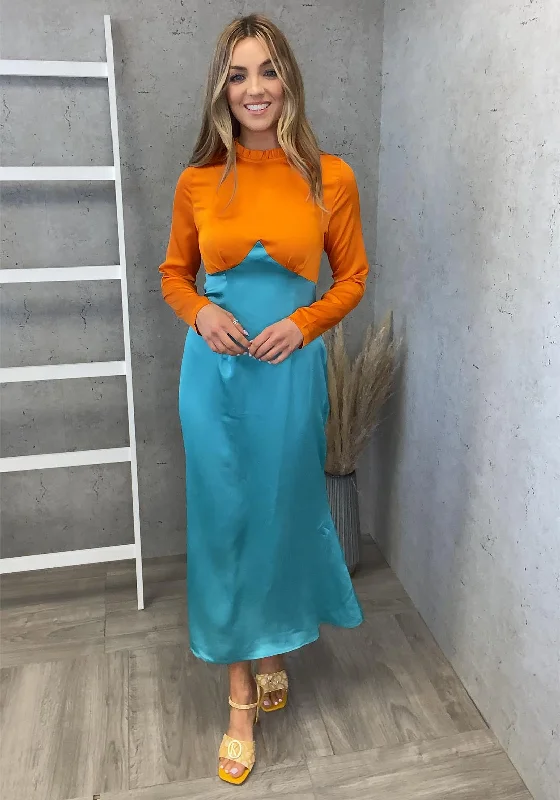 Never Fully Dressed Colour Block Maxi Dress, Orange & Teal Fashionable High-Waist Maxi Dress Never Fully Dressed Colour Block Maxi Dress, Orange & Teal Fashionable High-Waist Maxi Dress