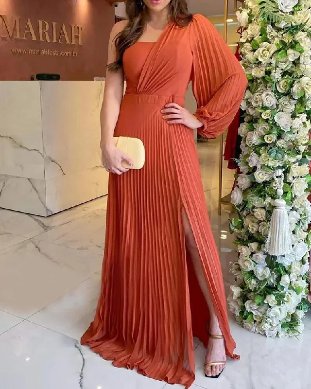 ONE SHOULDER LANTERN SLEEVE HIGH SLIT ZIPPER DESIGN PLEATED MAXI DRESS Elegant Maxi Dress with Slit ONE SHOULDER LANTERN SLEEVE HIGH SLIT ZIPPER DESIGN PLEATED MAXI DRESS Elegant Maxi Dress with Slit