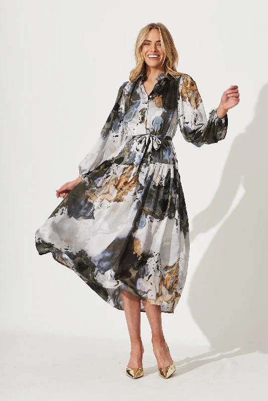 Pippa Maxi Dress In Charcoal With Gold Print Chiffon Comfortable Plunging Neckline Maxi Dress Pippa Maxi Dress In Charcoal With Gold Print Chiffon Comfortable Plunging Neckline Maxi Dress