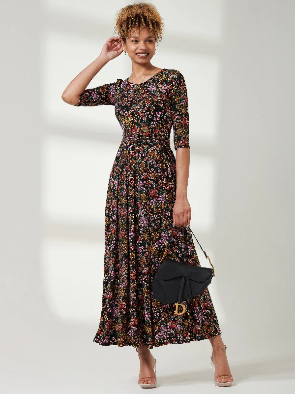 Round Neck Sleeved Jersey Maxi Dress, Black Ditsy Comfortable Fit-and-Flare Maxi Dress Round Neck Sleeved Jersey Maxi Dress, Black Ditsy Comfortable Fit-and-Flare Maxi Dress