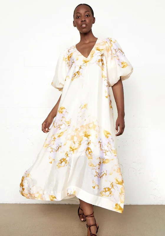 Second Female Angelica Puff Sleeve Maxi Dress, Cream Multi Fashionable Halter Neck Maxi Dress