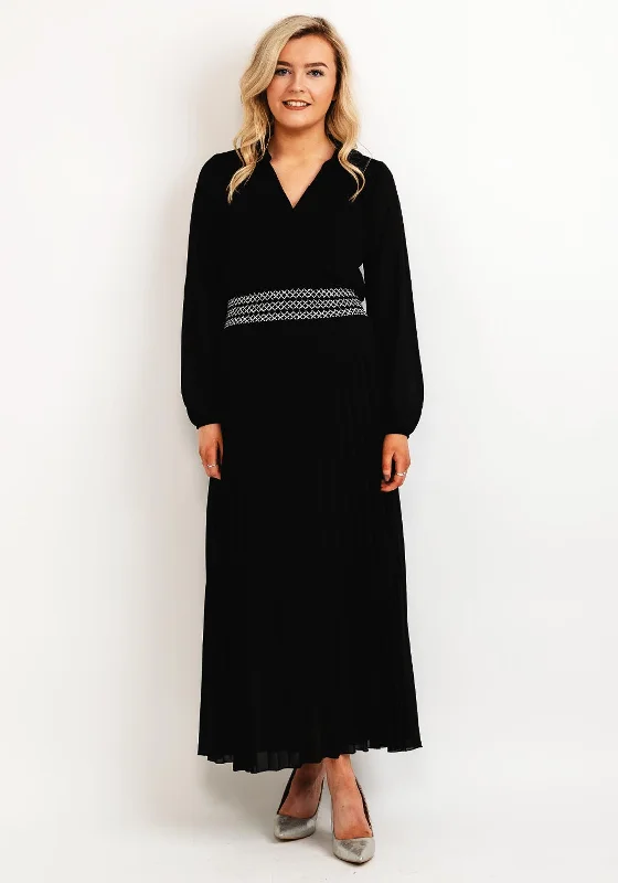 Seventy1 One Size Pleated Embroidered Waist Maxi Dress, Black Trendy Maxi Dress with Bow