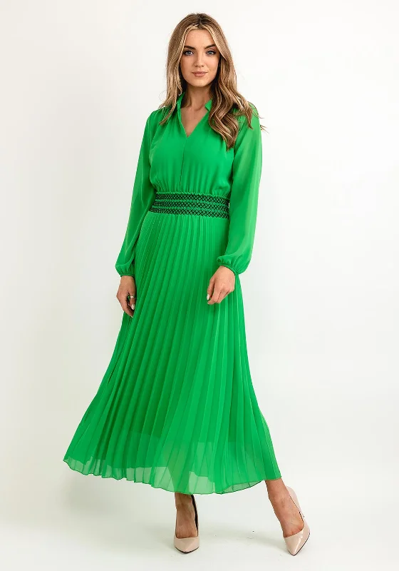 Seventy1 One Size Pleated Embroidered Waist Maxi Dress, Emerald Green Comfortable Ruffle Maxi Dress