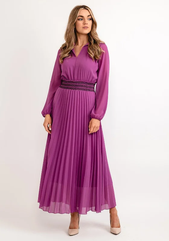 Seventy1 One Size Pleated Embroidered Waist Maxi Dress, Purple Comfortable Maxi Dress with Sleeves