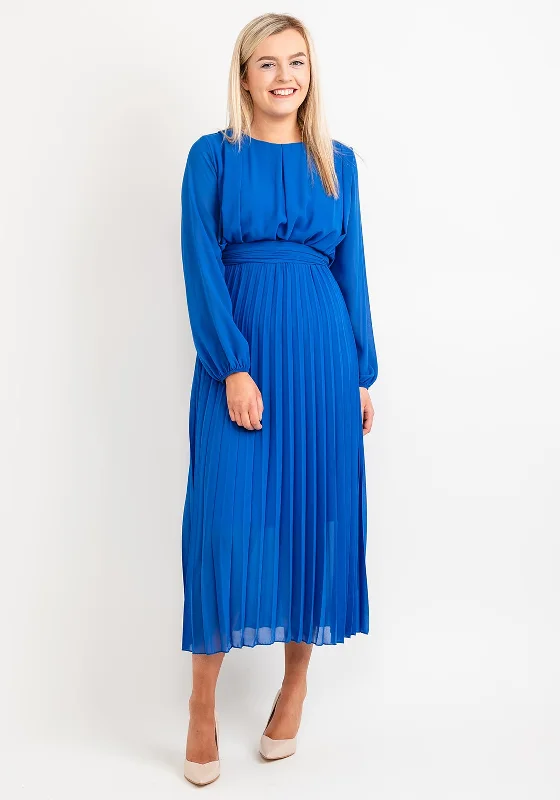 Seventy1 One Size Pleated Round Neck Maxi Dress, Royal Blue Comfortable Fitted Maxi Dress