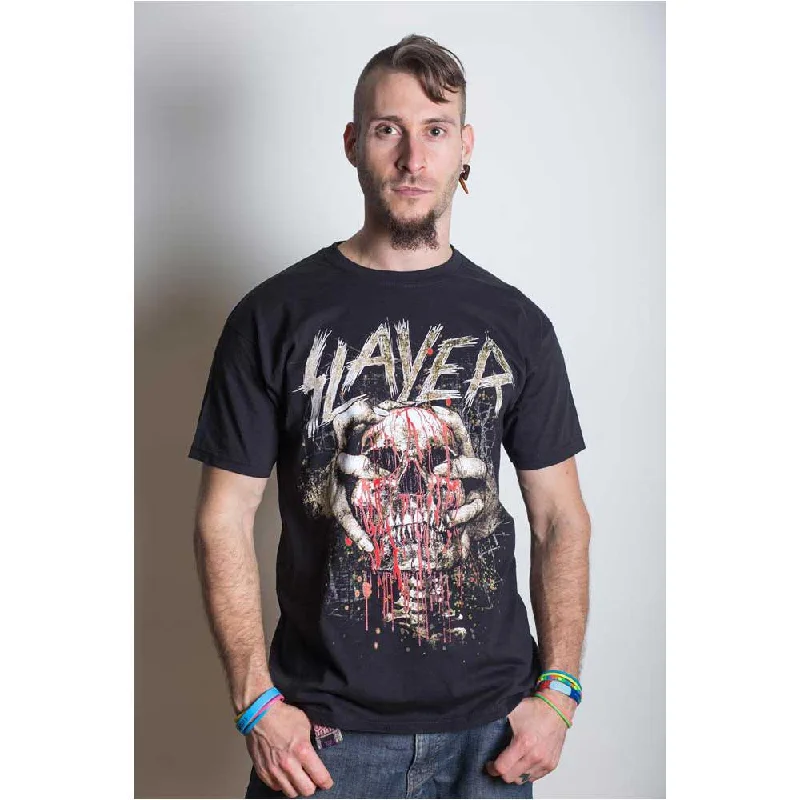 Slayer | Official Band T-Shirt | Skull Clench V-Neck T-Shirt Long Sleeve Cotton