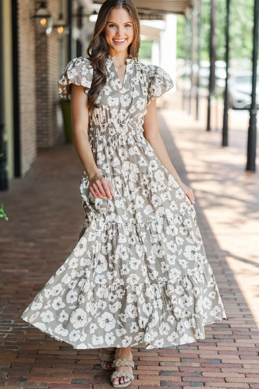 Take Note Taupe Floral Maxi Dress Fashionable Button-Down Maxi Dress