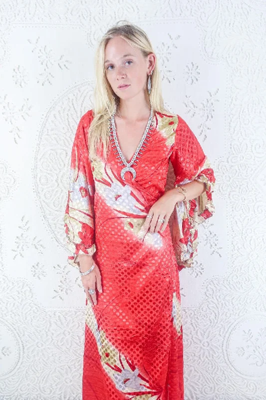 Venus Maxi Dress - Vintage Sari - Crimson Floral Fade - Size S Cozy Spaghetti Strap Maxi Dress Venus Maxi Dress - Vintage Sari - Crimson Floral Fade - Size S Cozy Spaghetti Strap Maxi Dress
