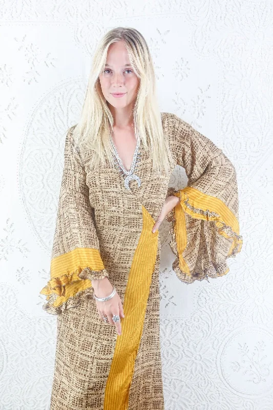 Venus Maxi Dress - Vintage Sari - Hickory & Sunflower Yellow - Size S/M Fashionable Button-Down Maxi Dress Venus Maxi Dress - Vintage Sari - Hickory & Sunflower Yellow - Size S/M Fashionable Button-Down Maxi Dress