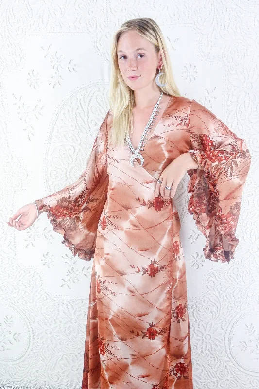Venus Maxi Dress - Vintage Sari - Rose Gold & Russet Wildflower - Size XS Fashionable Printed Maxi Dress Venus Maxi Dress - Vintage Sari - Rose Gold & Russet Wildflower - Size XS Fashionable Printed Maxi Dress