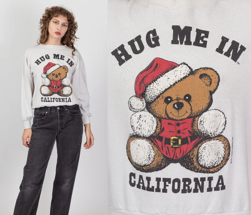 90s "Hug Me In California" Teddy Bear Santa Sweatshirt - Medium Hoodie with Oversized Fit Loose Comfortable 90s "Hug Me In California" Teddy Bear Santa Sweatshirt - Medium Hoodie with Oversized Fit Loose Comfortable