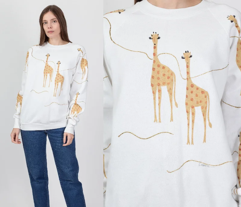 90s Painted Giraffe Sweatshirt - Large Hoodie with Embroidery Detailed Premium