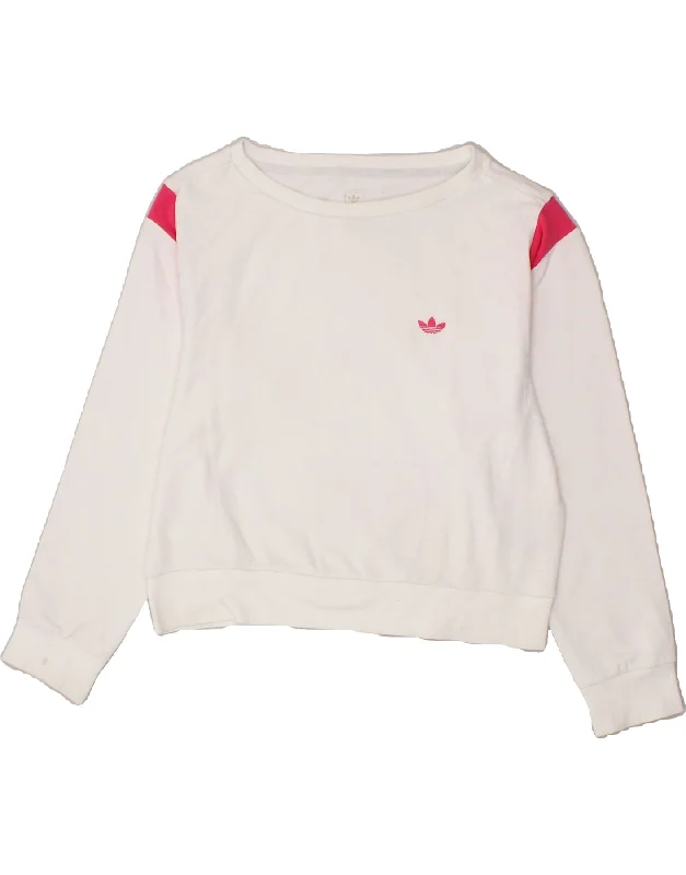 ADIDAS Womens Crop Graphic Sweatshirt Jumper UK 14 Large White Cotton Hoodie with Raw Hem Edgy Unfinished ADIDAS Womens Crop Graphic Sweatshirt Jumper UK 14 Large White Cotton Hoodie with Raw Hem Edgy Unfinished