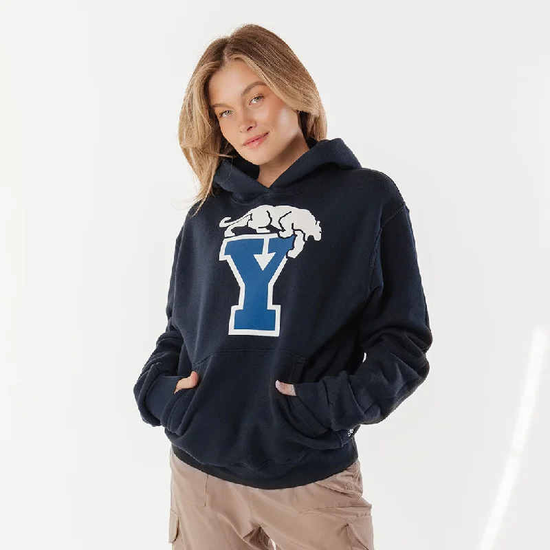 BYU Relaxed Hoodie, Navy - Y Cougar Hoodie with Hem Drawcord Adjustable Customizable BYU Relaxed Hoodie, Navy - Y Cougar Hoodie with Hem Drawcord Adjustable Customizable