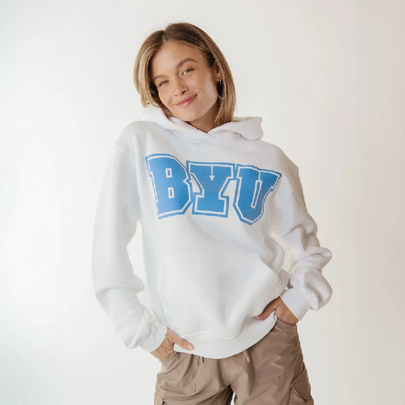 BYU Relaxed Hoodie, White - BYU Hoodie with Hem Raw Edge Edgy Unfinished