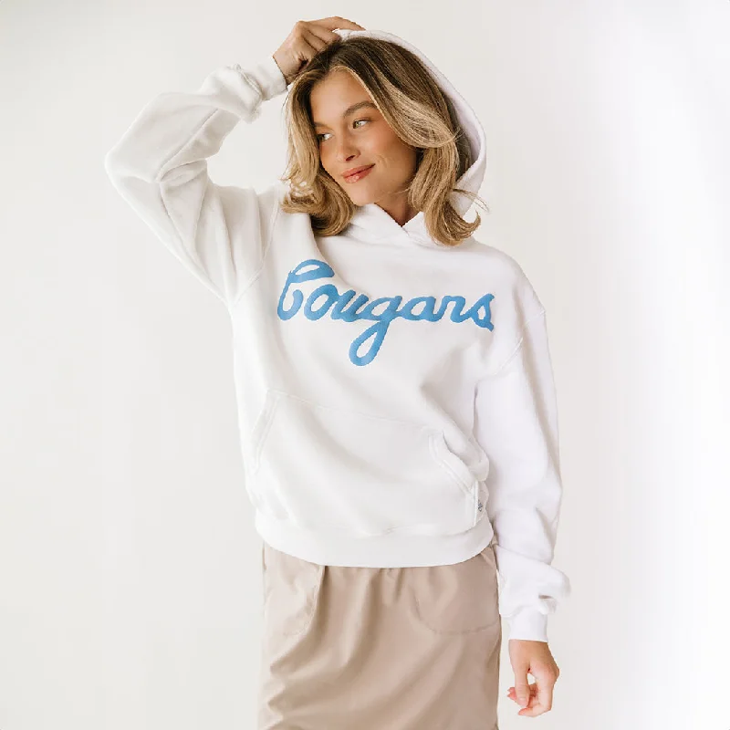BYU Relaxed Hoodie, White - Cougars Hoodie with Hem Applique Textured Unique