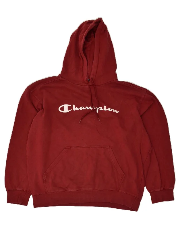 CHAMPION Mens Graphic Hoodie Jumper XL Burgundy Cotton Hoodie with Slit Hem Functional Movement CHAMPION Mens Graphic Hoodie Jumper XL Burgundy Cotton Hoodie with Slit Hem Functional Movement