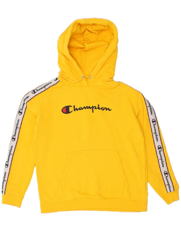 CHAMPION Mens Graphic Hoodie Jumper XL Yellow Cotton Hoodie with Hidden Zipper Minimalist Clean CHAMPION Mens Graphic Hoodie Jumper XL Yellow Cotton Hoodie with Hidden Zipper Minimalist Clean